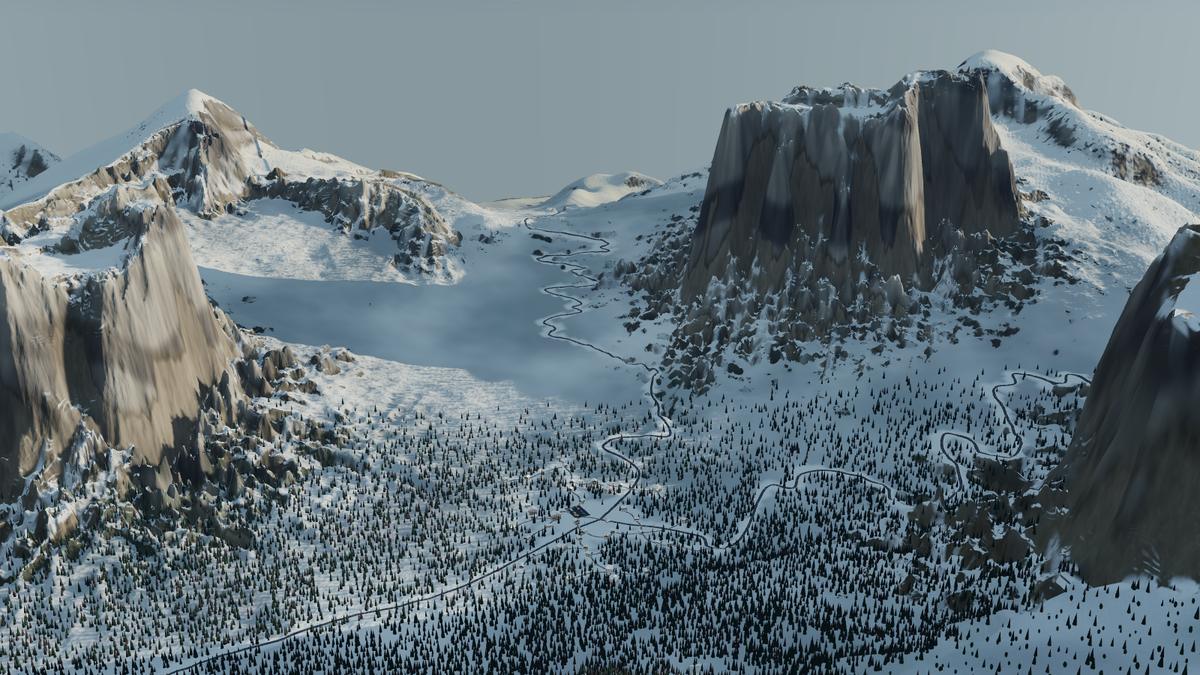 A generated Dolomites map in winter: rock massifs stand above a meadow basin, with a road winding up through the forest.